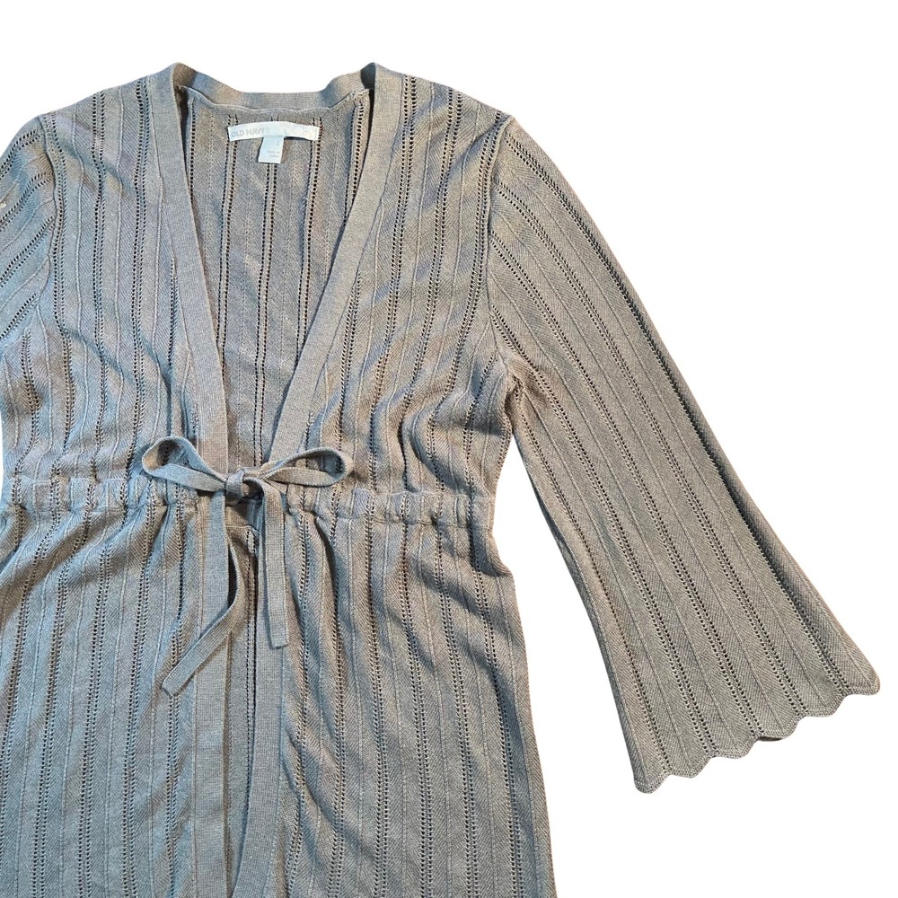Vintage Gray Ribbed Knit Tie Waist Scalloped Hem Cardigan Sweater Small Y2K 90s - Picture 6 of 16